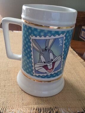 Warner Bros. Bugs Bunny Blue and White Ceramic Stein with Gold Trim